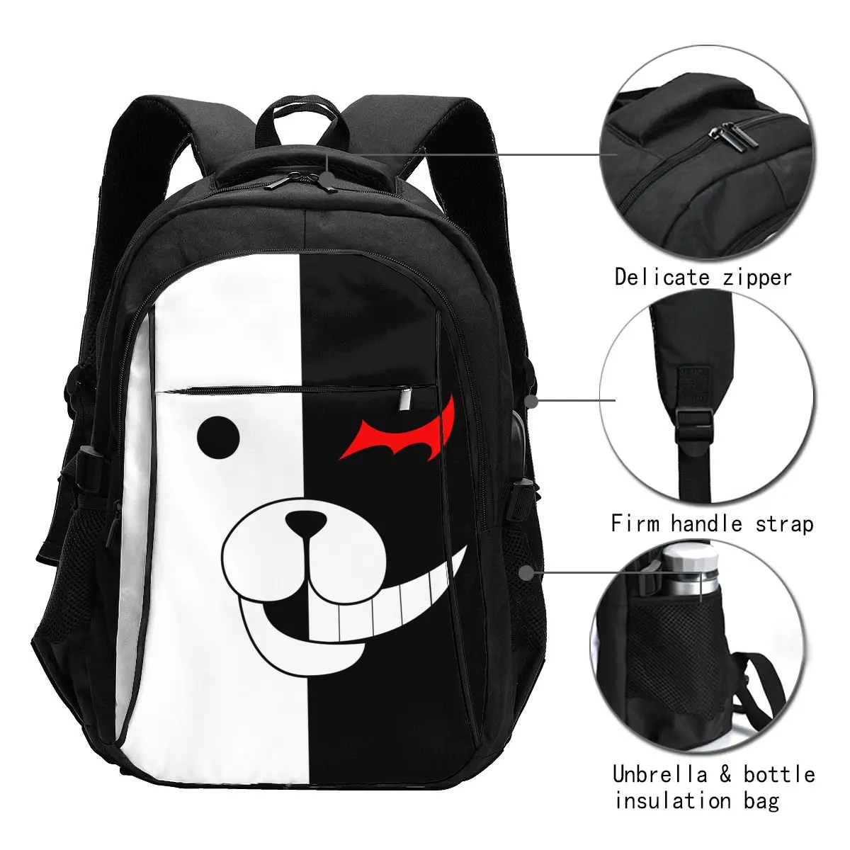 Zaino per Laptop da viaggio Danganronpa Monokuma, zaino per Laptop resistente all'acqua aziendale con porta di ricarica USB, borsa per College