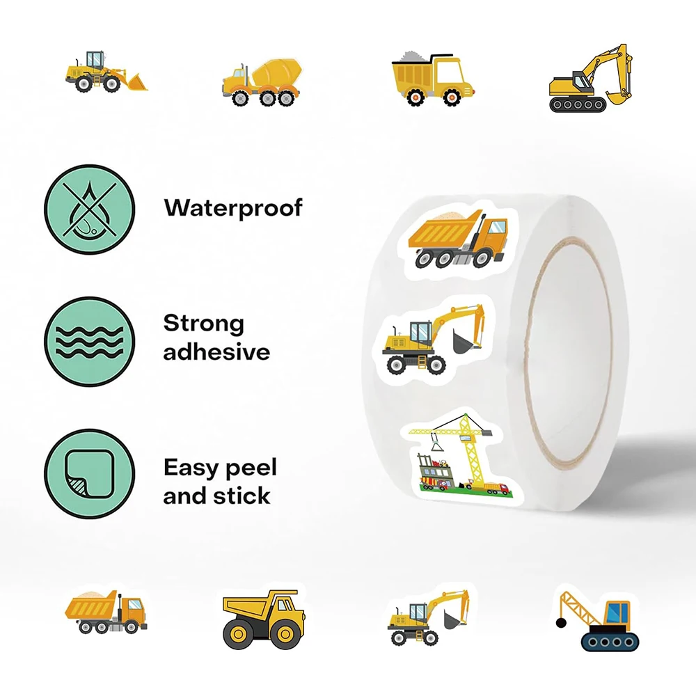 500PCS Construction Stickers Roll 10 Styles Envelope Seals Sticker Cartoon Truck Stickers for Kids Excavator Stickers Constructi image 3