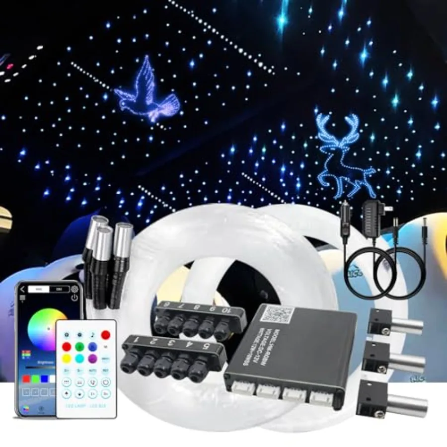 

【New model】Split Starlight Headliner Kit with Meteor and Music Effect 22W 3+10 Holes RGBW 1050pcs 0.02in x 4.9ft Fiber Optic Li