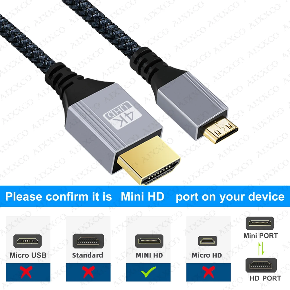 AIXXCO 1M 2M 5M 10M Mini kabel kompatybilny z wtyk męski do HDMI wspornik adaptera męski 1080P Full HD 4K 3D dla DSLR, kamera