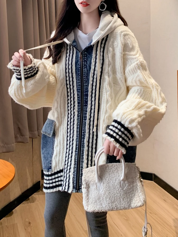 Coréen Sle coupe ample Denim Patchwork tricot Cardigan vêtements d'extérieur pour femmes Thiened faux deux pièces motif de jupe ouverte Faion Kn...