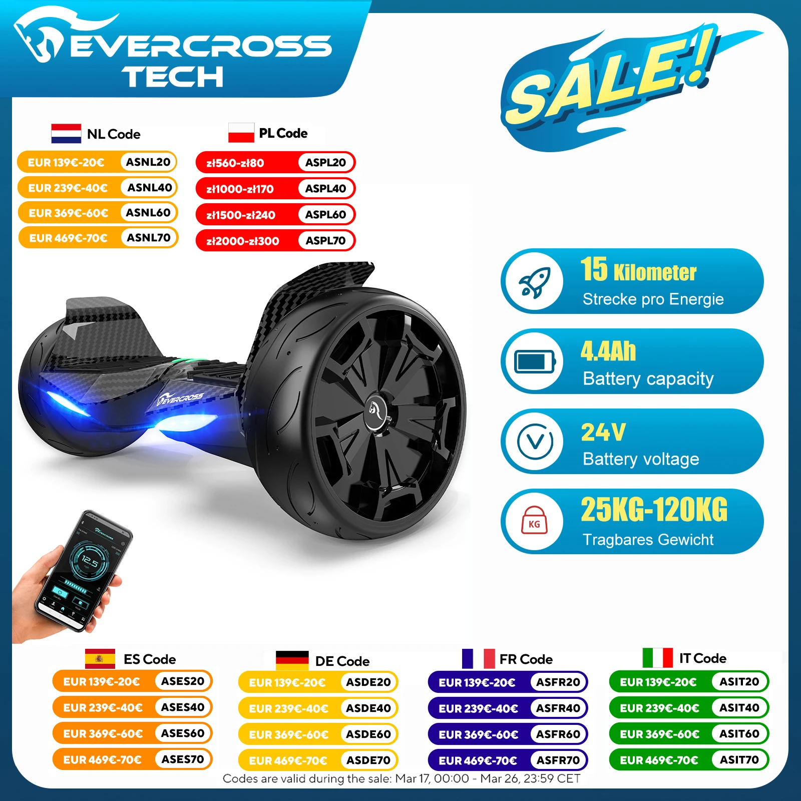 Geländetaugliches Hoverboard 8,5'' EVERCROSS TECH - Bluetooth, App-Steuerung, 4,4Ah Akku, Für