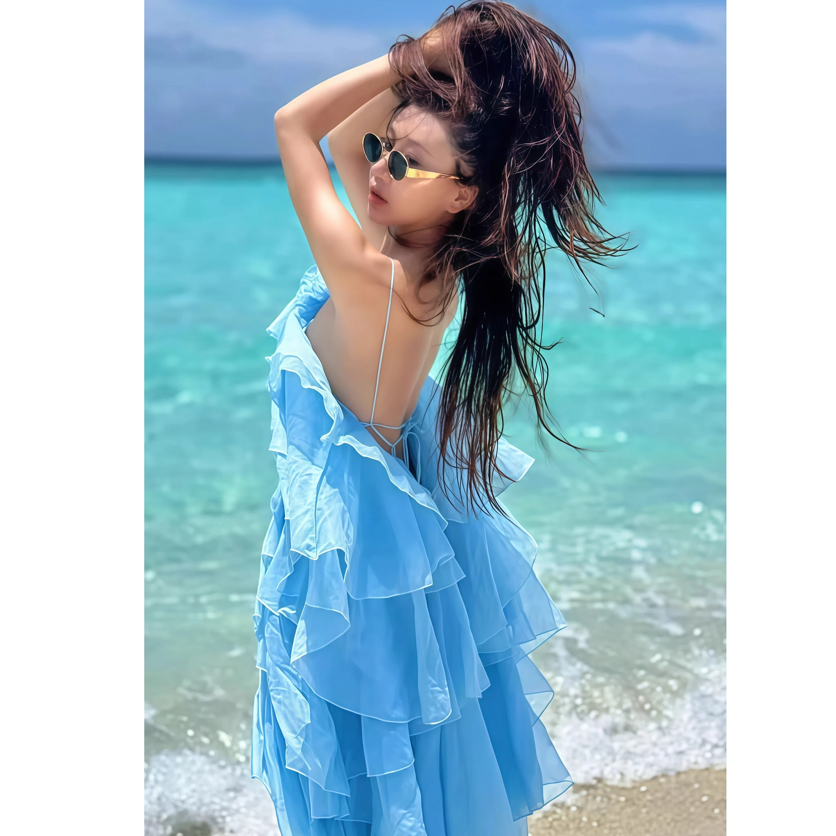 

Women Elegant Solid Spliced Ruffles Dress Halter Sleeveless Backless High Waist Loose Fit Dress