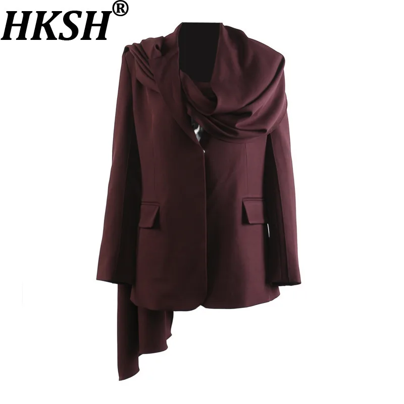 

HKSH 2026 Spring Autumn New Women Blazer Asymmetrical Collar Scarf Niche Design Solid Color Elegant Fashion Luxury Coats HK18496