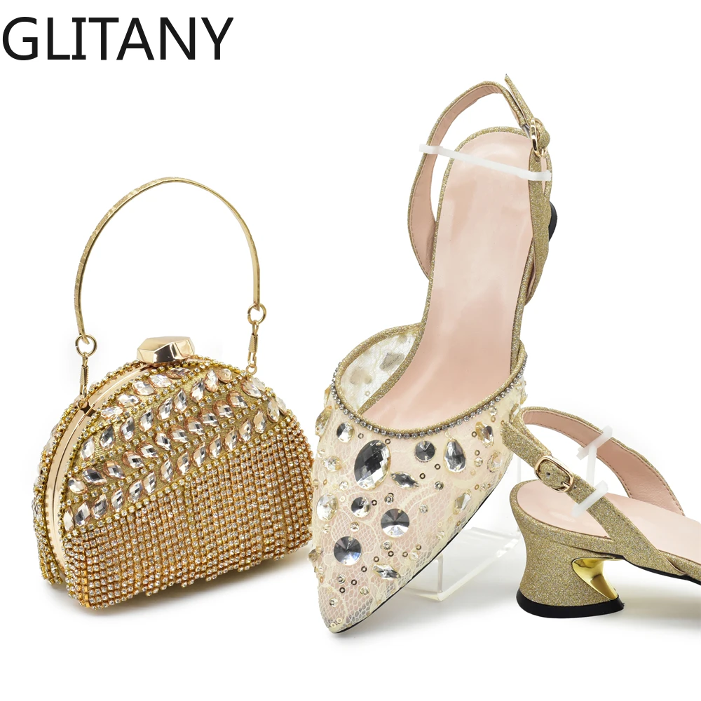 

Women Shoes and Bag Decorated with Rhinestone Gold Shoe and Bag Set for Party in Women Ladies Shoe and Bag Set Latest Designers