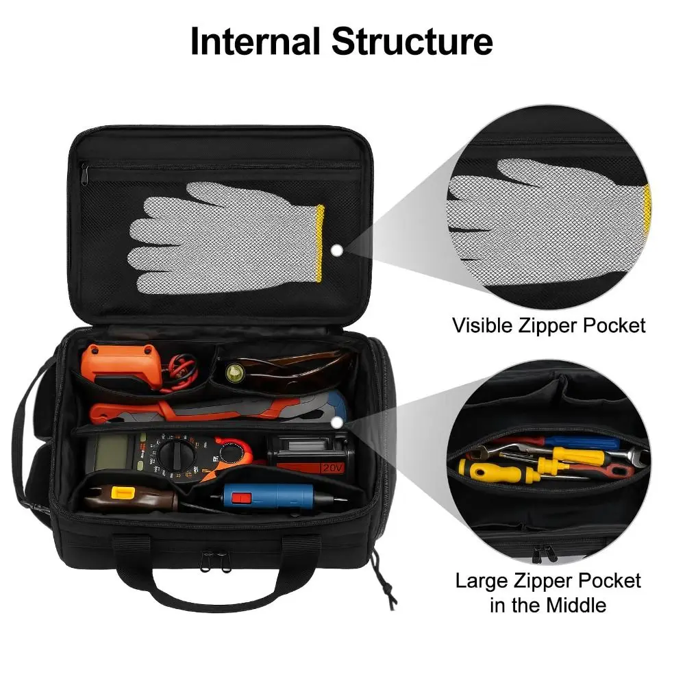 Polyester Tool Storage Bag Large Capacity Multiple Compartments Work Handbag Reinforced Construction Organized Storage