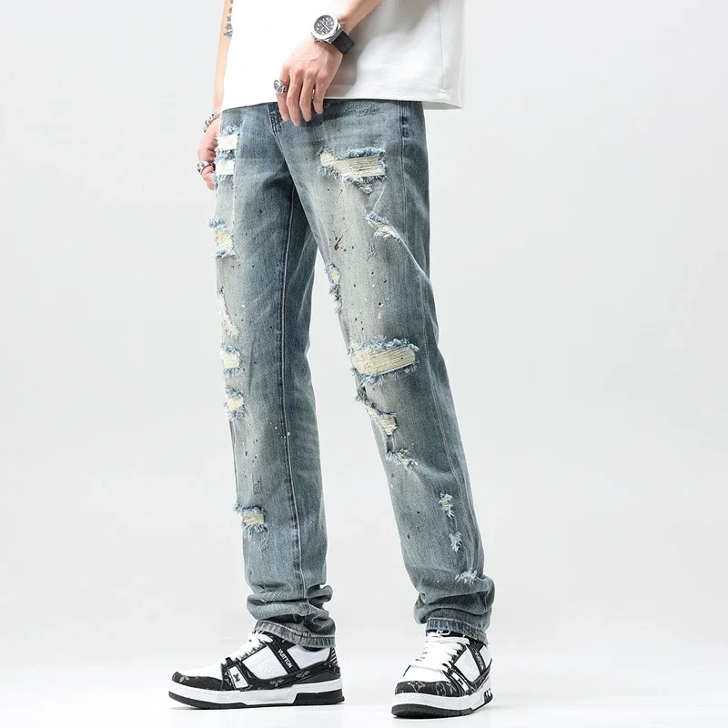 Youthful Vitality Male's Brushed Jeans Full Length Pencil Pants Hand Painting Ripped Denim Trousers For Men