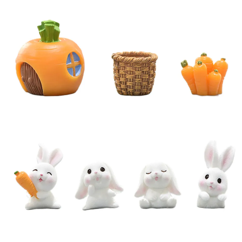 1Set Mini Rabbit Ornament Set Cartoon Animal Desktop Decor Portable Unbreakable Fine Craftsmanship Office Home Cafe Garden Gift