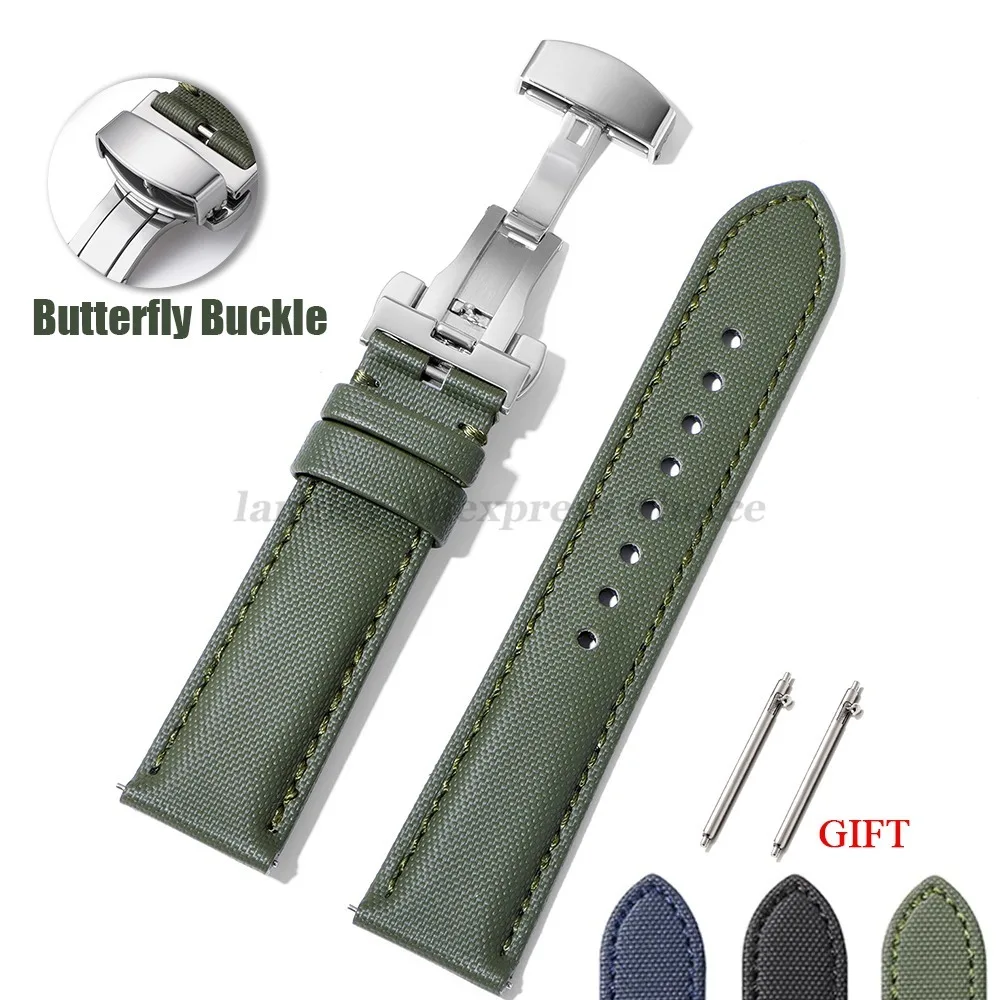 Correa de reloj de cuero y nailon Sailcloth para Omega Blancpain para pulsera de negocios Seiko 22mm 20mm correa de costura con hebilla de mariposa