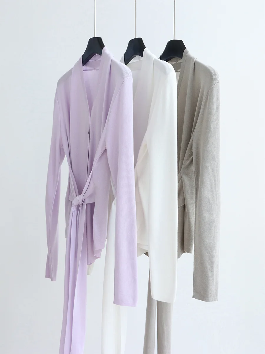 

Dave&Di Early spring Lyocell tie knit cardigan with cinched waist and long sleeved top, French style V-neck lazy little shirt