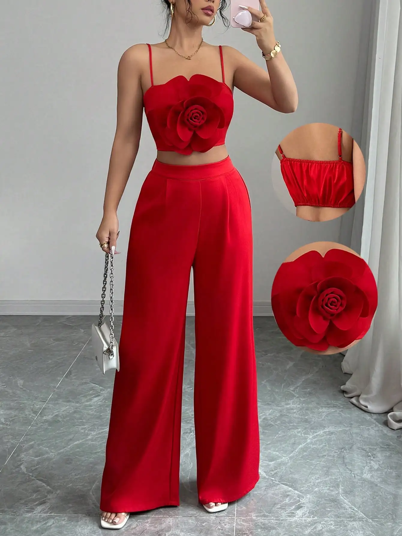 

Красный топ-бюстье с цветочным принтом и комплект из 2 предметов с широкими брюками с высокой талией, повседневный шикарный наряд