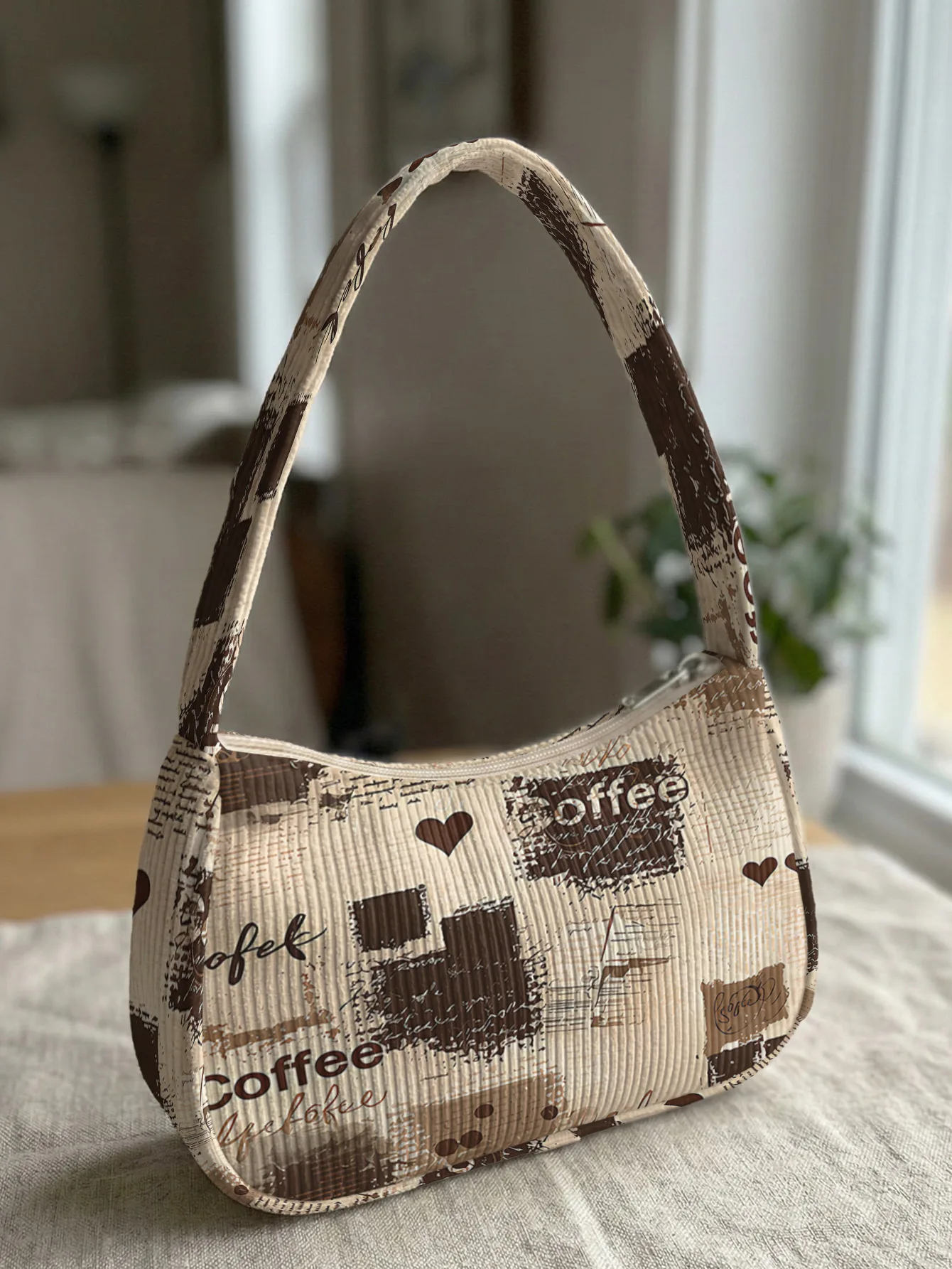 Trendy Coffee Print Shoulder Bag, Beige Corduroy Underarm Bag for Daily Casual Use