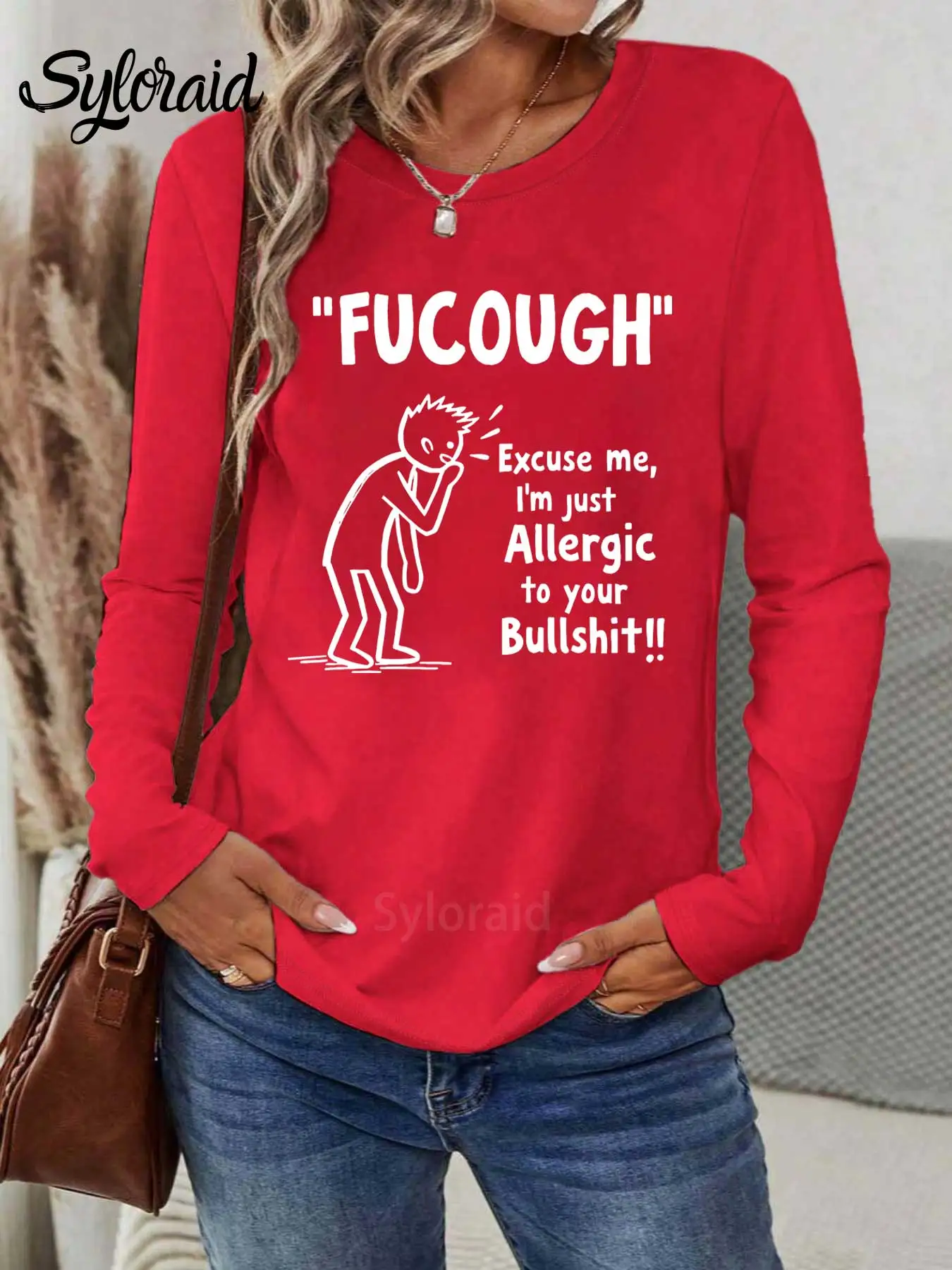 تي شيرت نسائي بأكمام طويلة من Fucough Allergic to Bullshit طباعة ساخرة تي شيرت عصري برقبة دائرية كاجوال #3