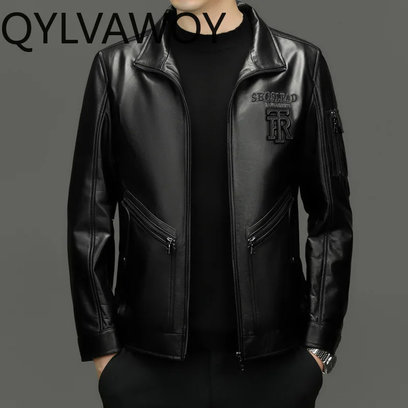 QYLVAWOY 100% Genuine Leather Jacket Men Fashion Real Cow Leather Coat Man Turn-down Collar Motorcycle Man Jacket Original 2026