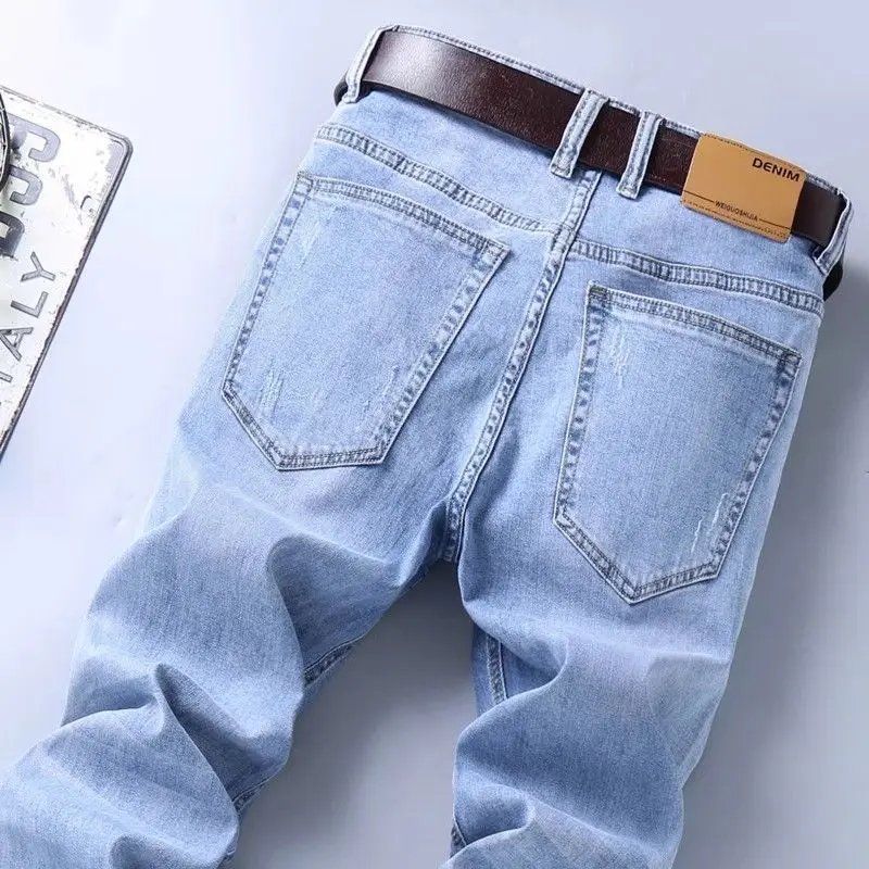 

Голубые элитные джинсы мужские, новинка лета 2025 года, простая прямая эластичная однотонная мужская одежда, эластичные тонкие длинные брюки для мужчин