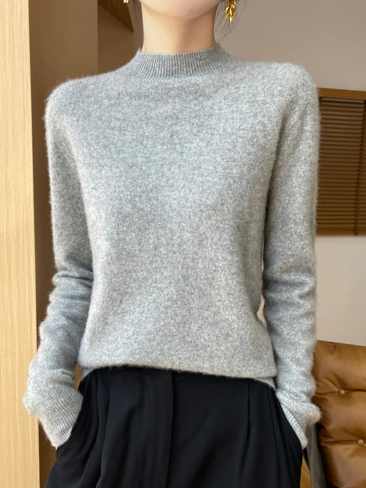 

Autumn Winter Women Mock Neck Long Sleeve Pullover Cashmere Sweater 100% Merino Wool Knitwear Cable Knit Female Clothing Tops