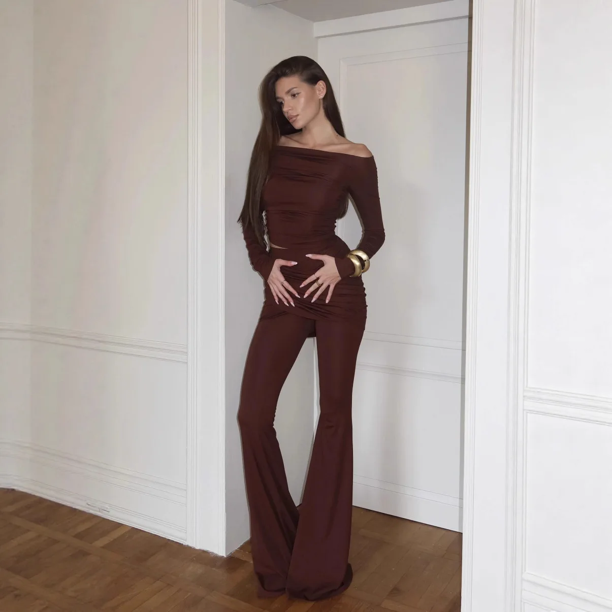 

2025 Spring New One Shoulder Long Sleeve Pure Desire Slimming Pants Two Piece Set for Sister Leisure Set