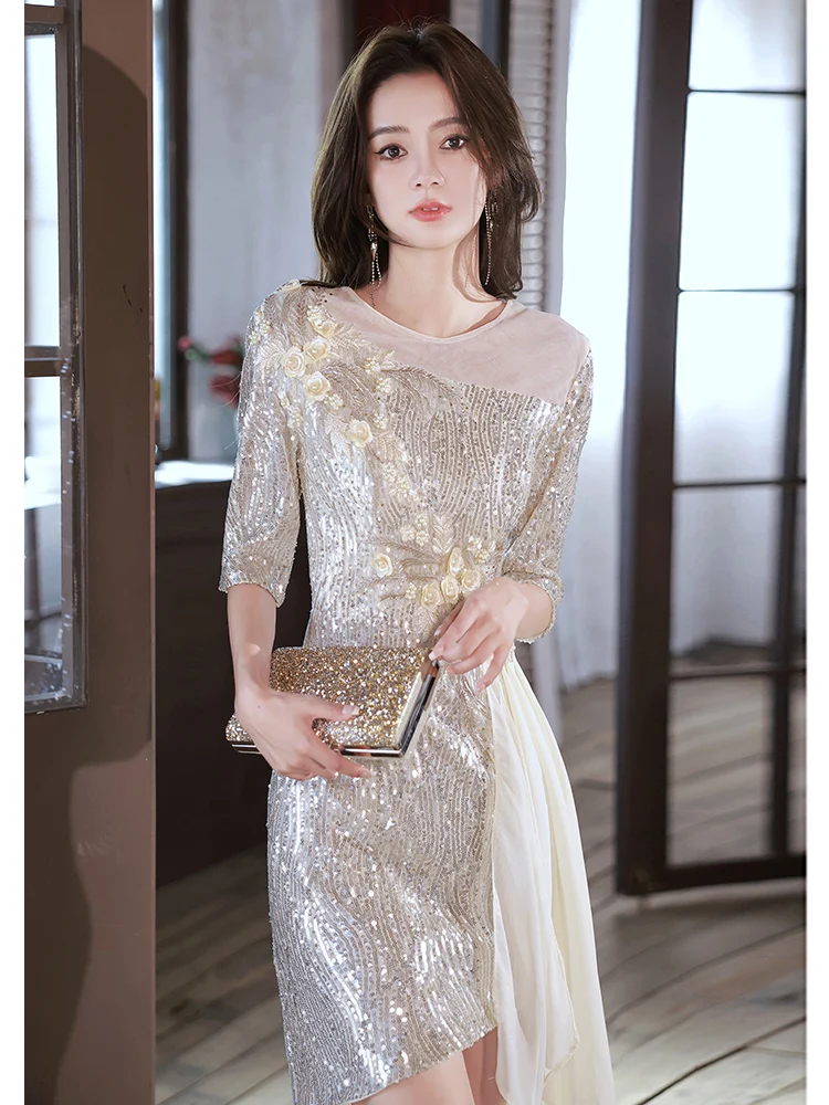 

iny Sequin Evening Dr Women's 2025 High-End Adult Small Size Luxury Heavy Embelliment Dinner Ele Design