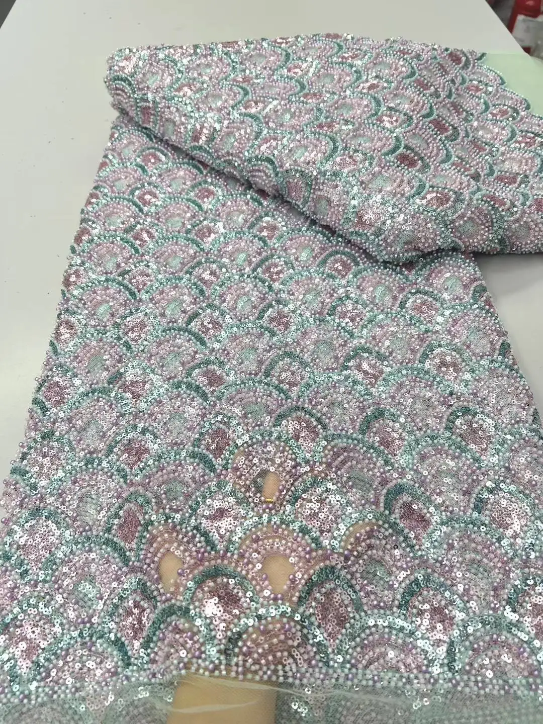 French African Beaded Mesh Lace Fabrics 2025 High Quality Lace Nigerian Net Sequins Lace Fabrics for Sewing Woman Wedding Dress