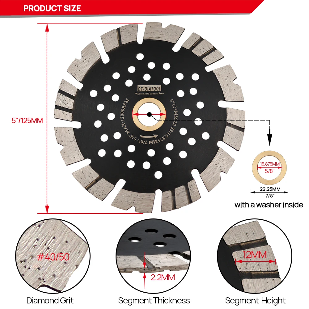 DT-Diatool-/05/2019 de coupe pour scie à sec multi-trous, pour granit, béton, circulation de masse, dents en V ondulées, diamètre 5 pouces, 125mm, 1