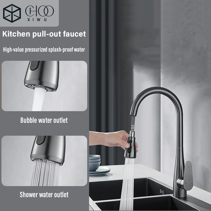 

All-copper kitchen hot and cold water faucet, pull-out single-slot and double-slot universal, splash-proof and pressurized