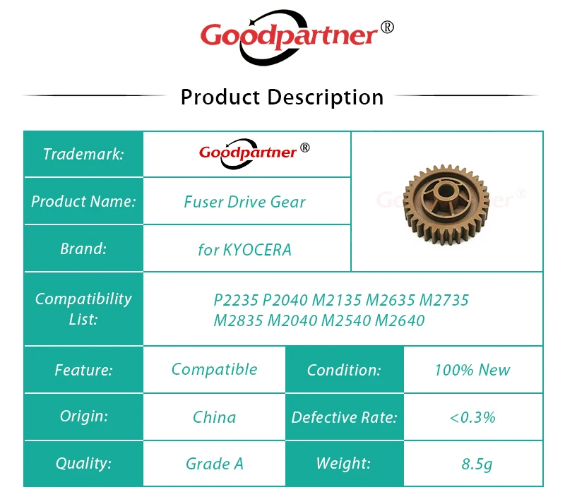 Engrenagem de acionamento do fusor 10X para KYOCERA P2235 P2040 M2135 M2635 M2735 M2835 M2040 M2540 M2640