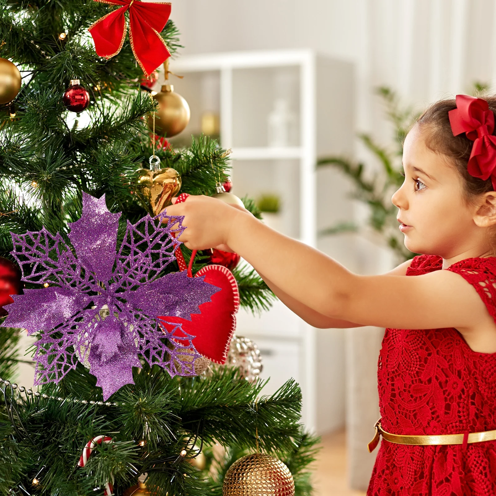 

12pcs Christmas Tree Wreath 16CM Glitter Hollow Flowers Decor Accessories Xmas Layout Simulated PlasticFlower