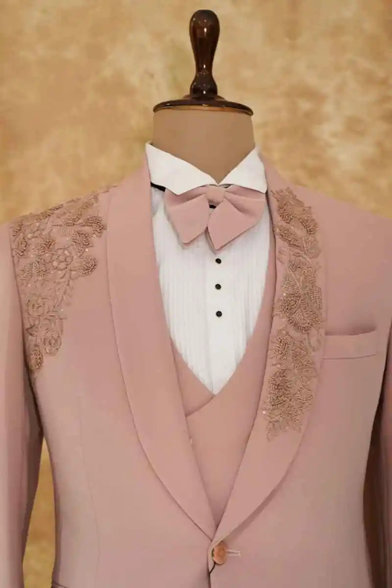 Klasyczna aplikacja garnitury męskie zestaw formalne szalowe klapy zroszony smokingi ślubne drużbowie marynarka zapinana na jeden guzik 3-częściowa sukienka wizytowa