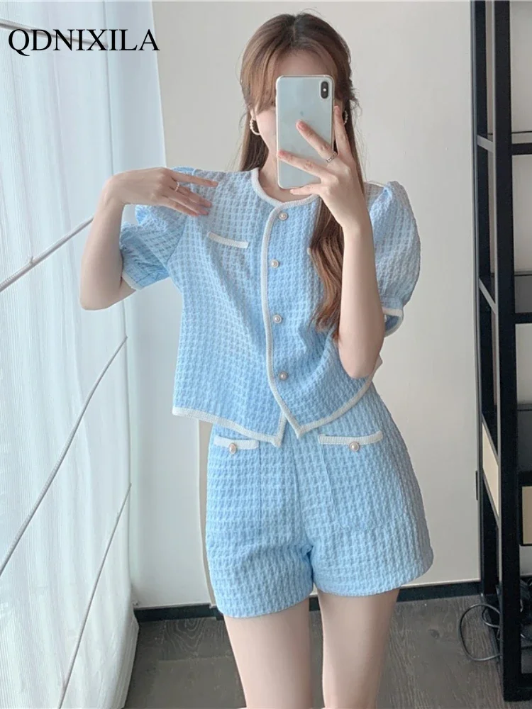 2024 Summer Women\'s Short Sets Korean Style Fashion Short Sleeve Top and Shorts 2 Piece Set Outfit Suit with Shorts for Women