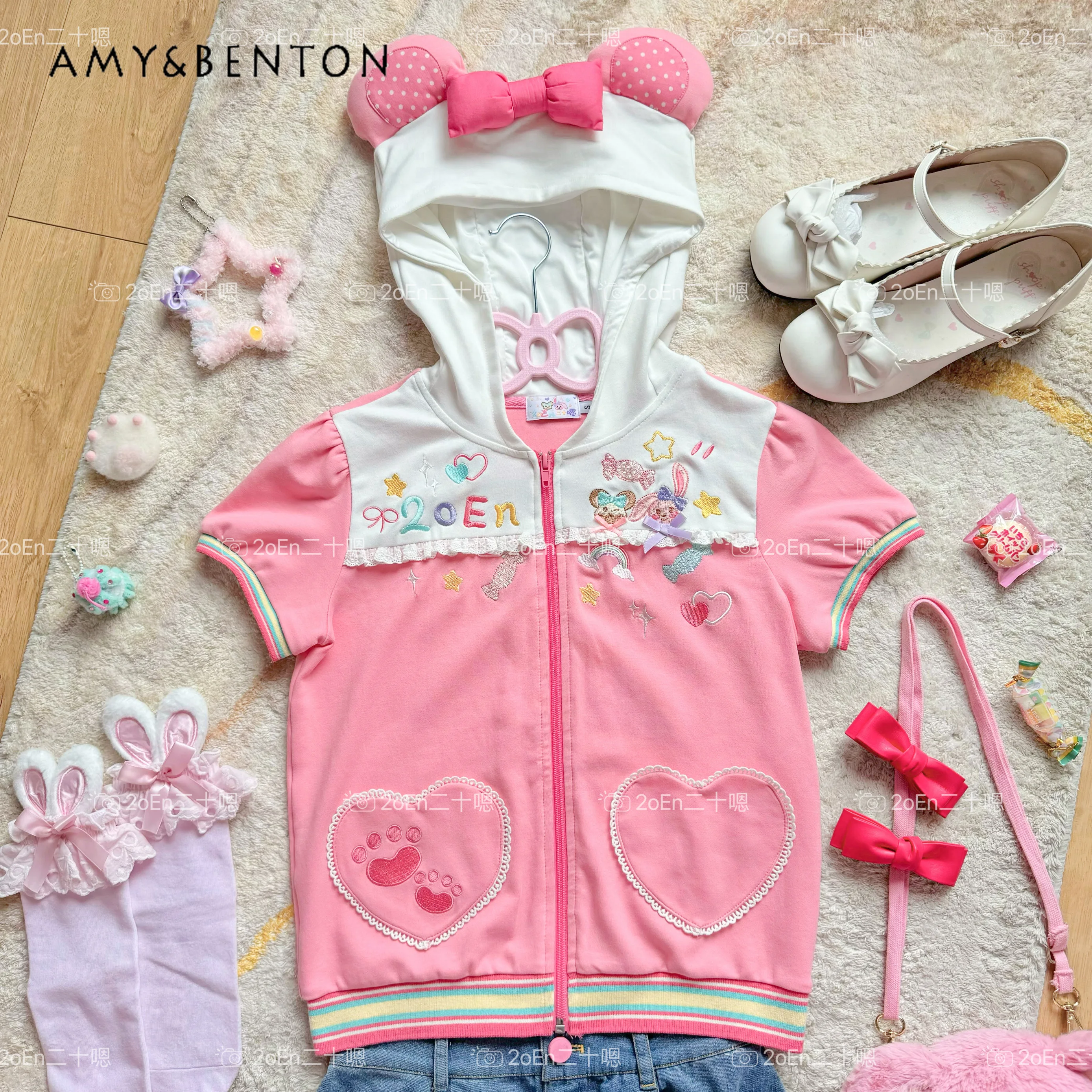 Kawaii Cartoon Embroidered Bow Hooded Short-sleeved Top Multi-layer Mini Skirt Two-piece Set Summer Y2K Dopamine Girl Skirt Sets