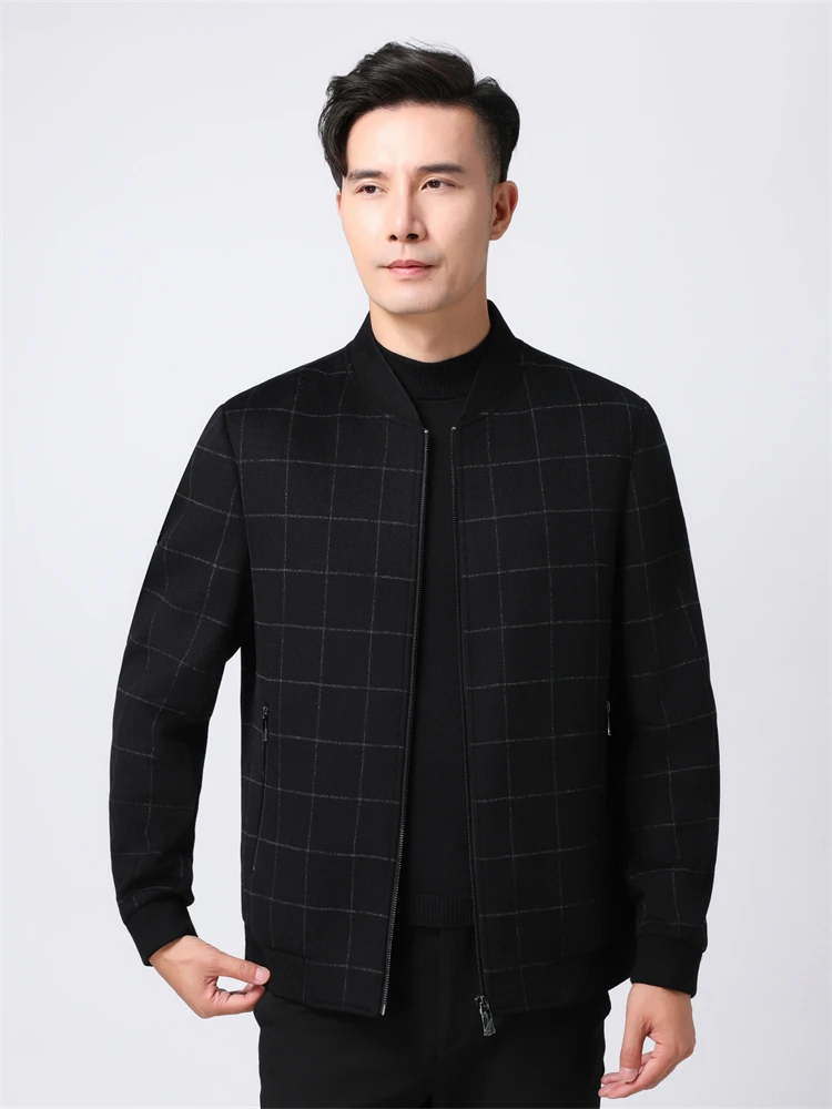 

Men's Woolen Baseball Collar Jaet Bla Outerwear Coat Stand Fit Faion Urban Sle Windproof Long Sve Zipper Closure