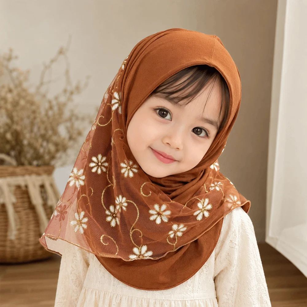 Beautiful Flower Net Small Girl Hijab Elastic Solid Pull On Instant Headscarf Mesh Cotton Islamic Scarf Shawl 2-6 Years Old