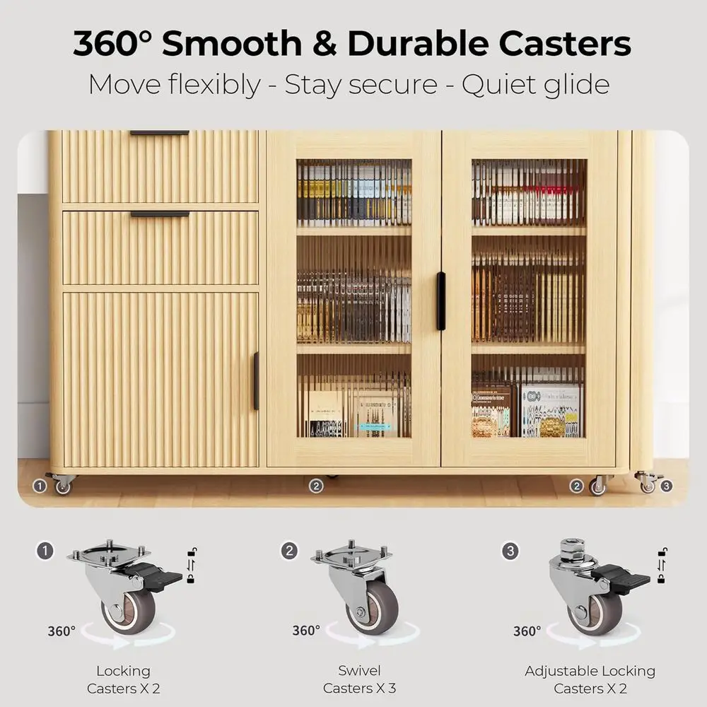جزيرة مطبخ أوك مع طاولة قابلة للتمديد، وعربة دوارة، وسطح كوارتز، وحدة تخزين، ورف توابل ودرج