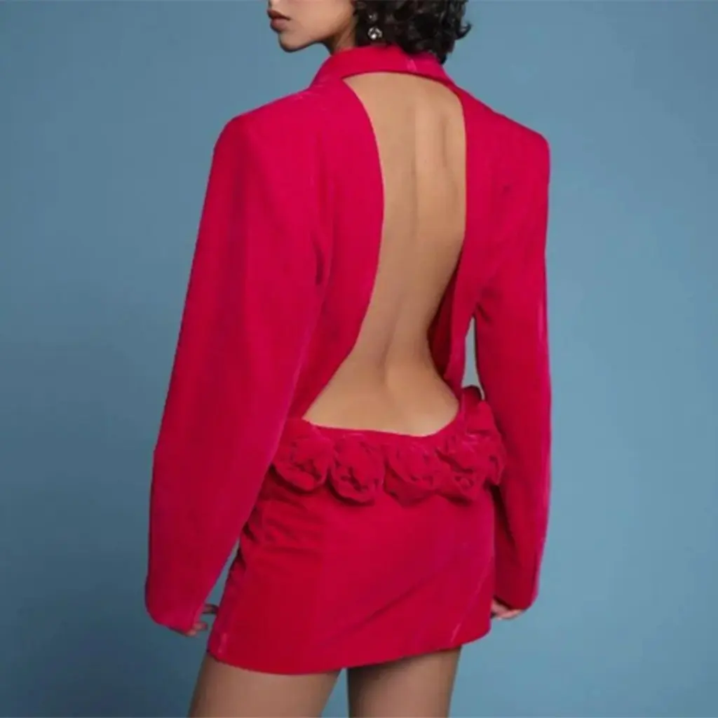 

Women's Sexy Lady Style Blazer V Neck Cut out Backless Rose High-End Suit Autumn New Fashion Upper Wear
