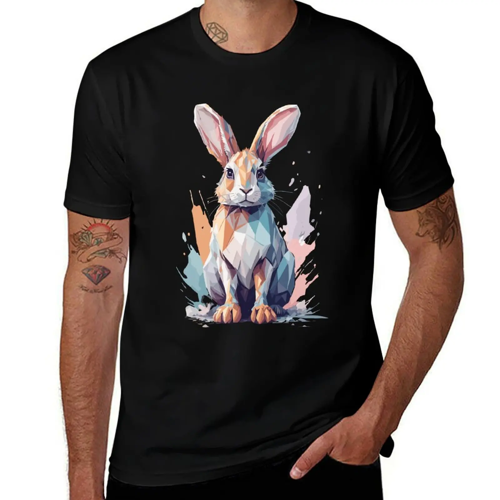 Polygon Watercolor Rabbit T-Shirt Casual Loose Short Sleeve Tee for Men T-Shirt
