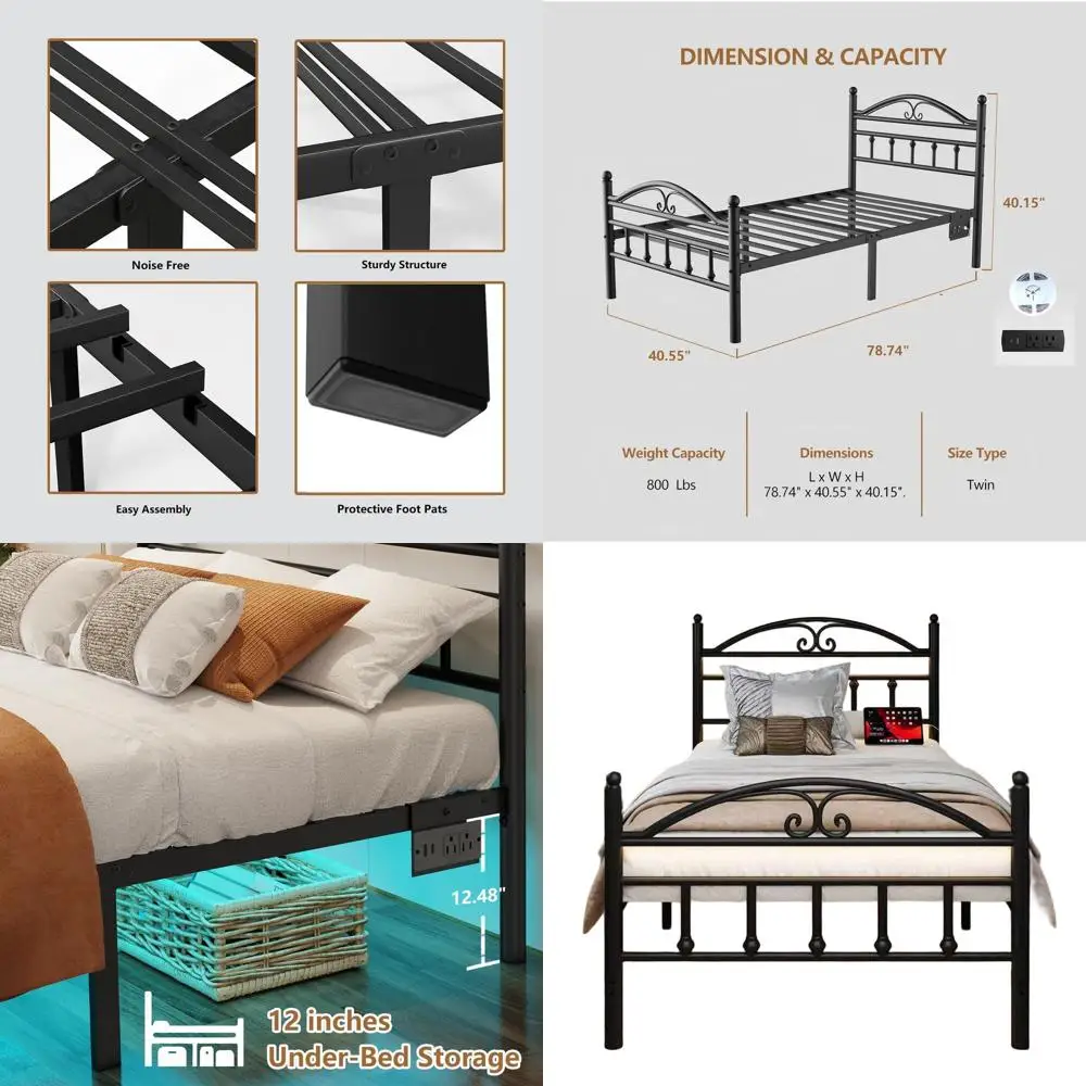 Black Twin Bed Frame with Charging, LED Lights, and Metal Slats - No Box Spring Needed, Easy Assembly, Quiet