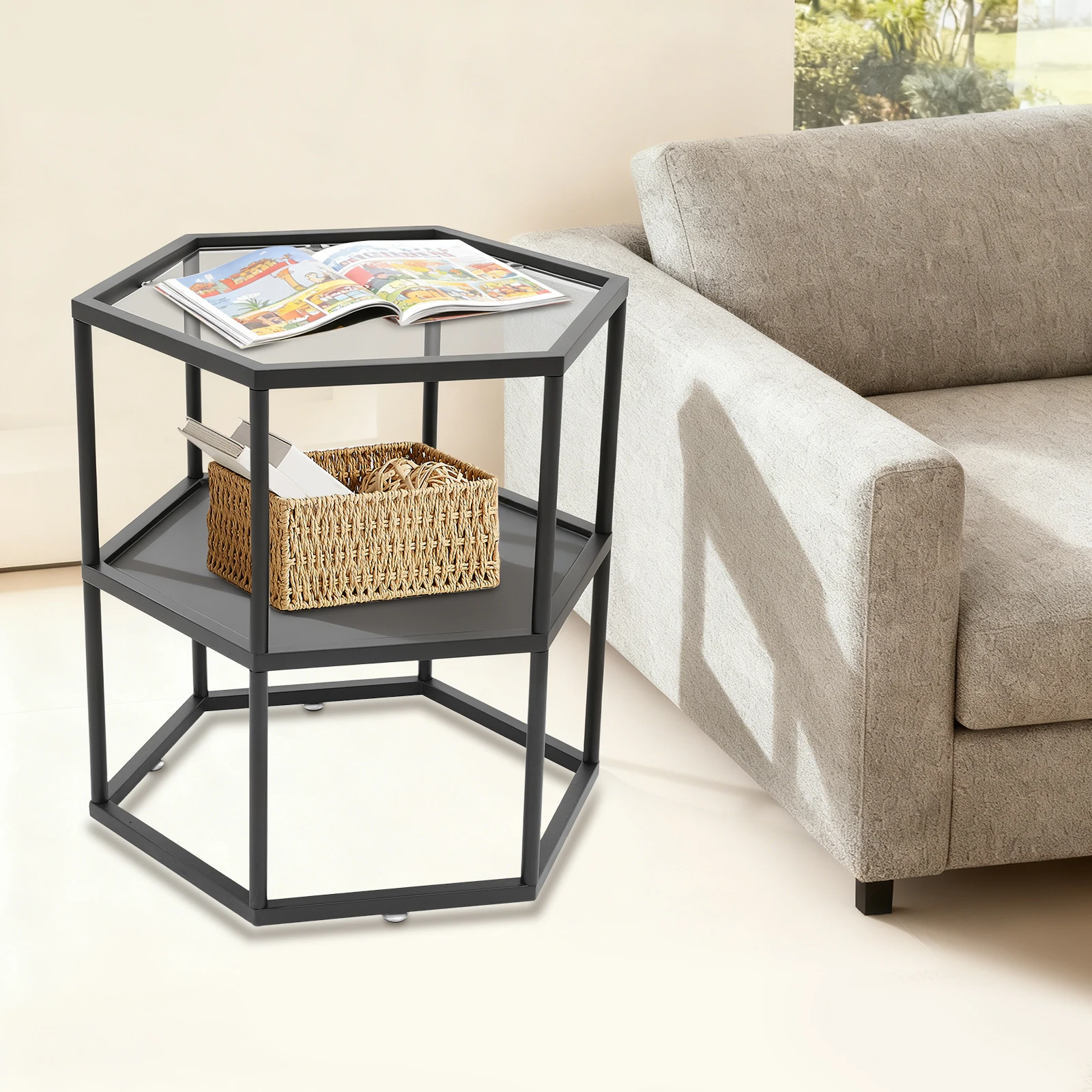 

2-Tier Side Table Iron Frame Glass Top 50lbs Load, Nightstand with Storage Shelf Hexagonal Design for Living Room Bedroom