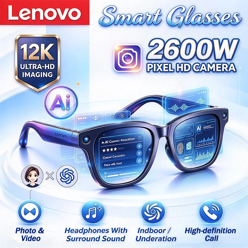 Lenovo 2027 New Smart  AI Glasses 12KHD Photo AI Translation Hands-Free Calling AI Chat Logging Music Playback Smart Sunglasses