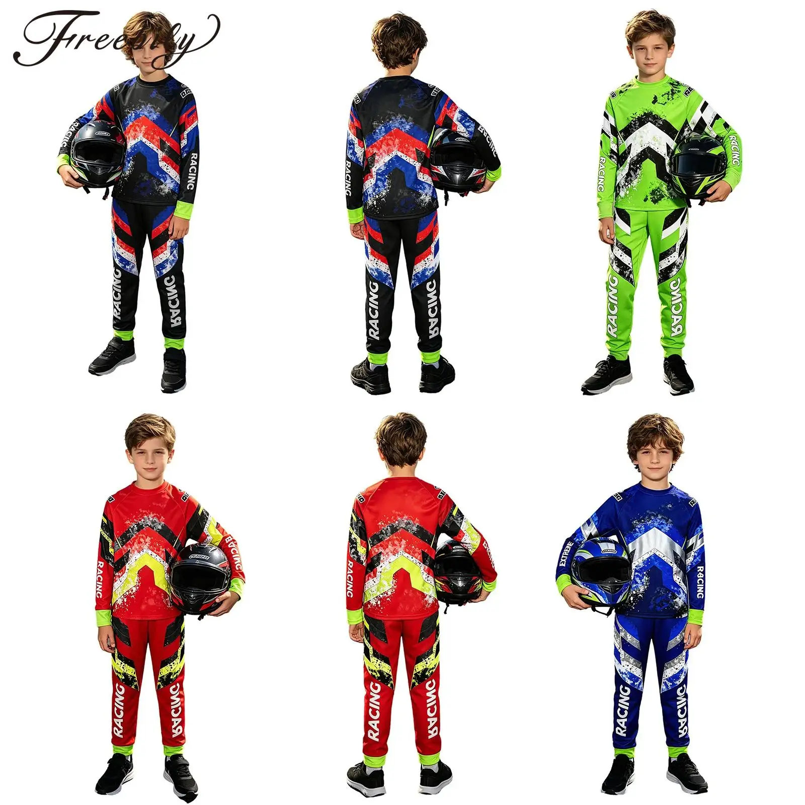 Kids Boys Outdoor Off-roading Motorcycle Outfit Letter Print Color Block Long Sleeve Jersey with Pants for Mountain Biking
