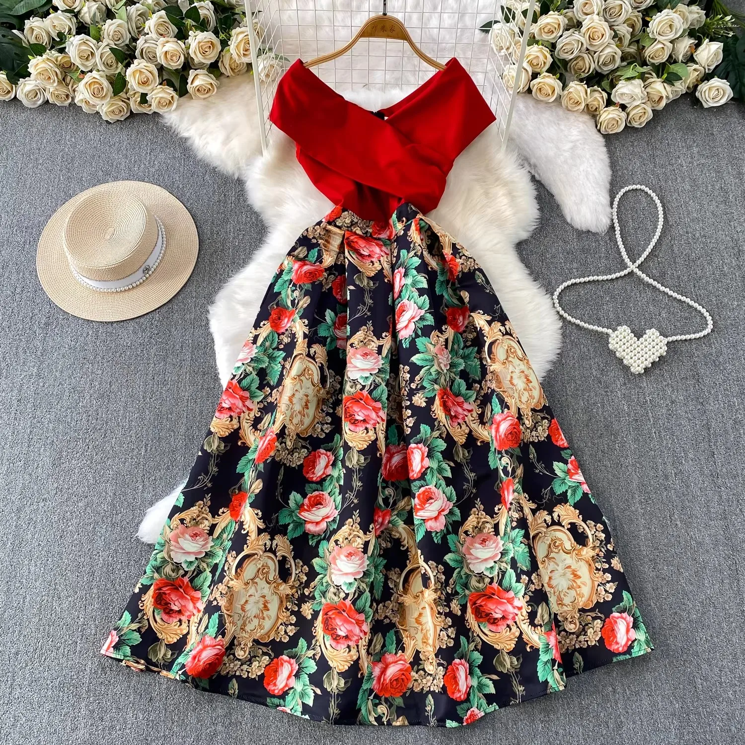 

Elegant Cross V-Neck Short Sleeve Print Prom Dress Women's Summer High Waist A-Line Long Dress Big Swing Commute