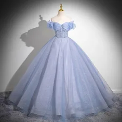 Strass azzurro al largo della spalla abiti Quinceanera 2024 Bling Tulle Prom Party Gown robes 15 anni sera