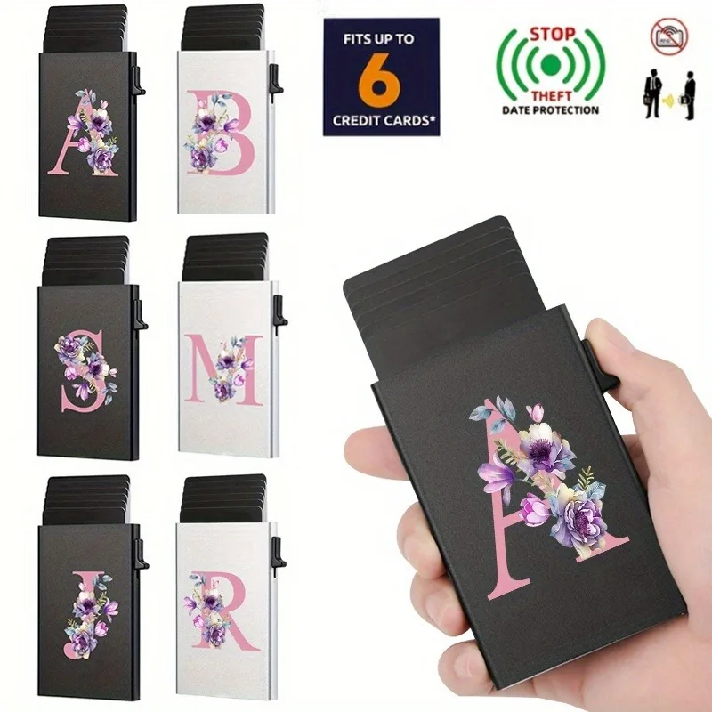 26 Pink Flower Pop-Up Wallet box, Anti-Theft Credit Card Holder, Portable Metal Minimalist Credit Card Holder