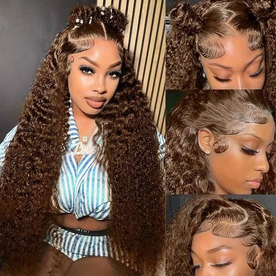 34 Inch 13x4 HD Chocolate Brown Deep Wave Lace Frontal Wigs Human Hair Burmese Colored 13x4 Water Curly Human Hair Wigs For Women 200 Density Preplucked image 8