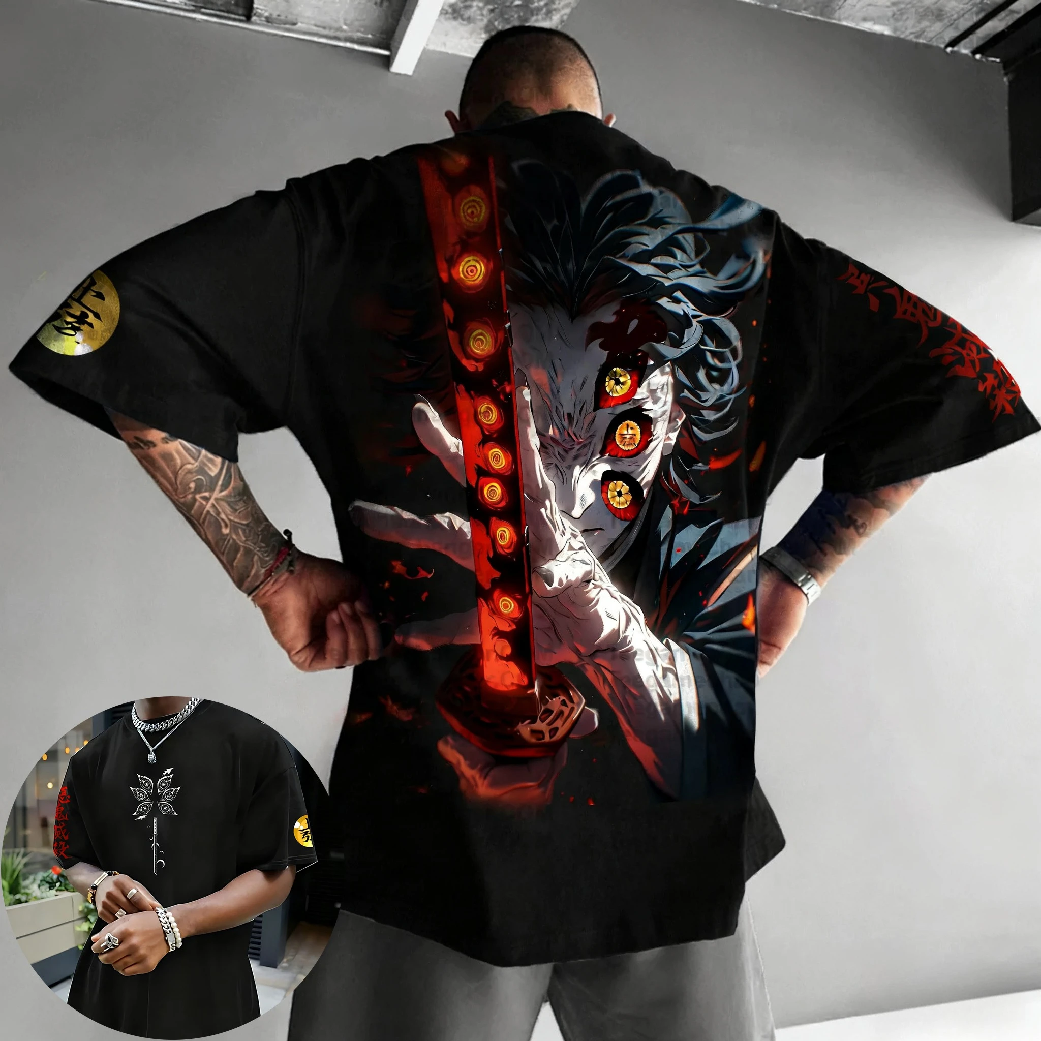 Demon Slayer Halloween Joint T-shirt 2025 Men's Summer New Kokushibo Anime Print American Trend Casual Loose Short Sleeved Top