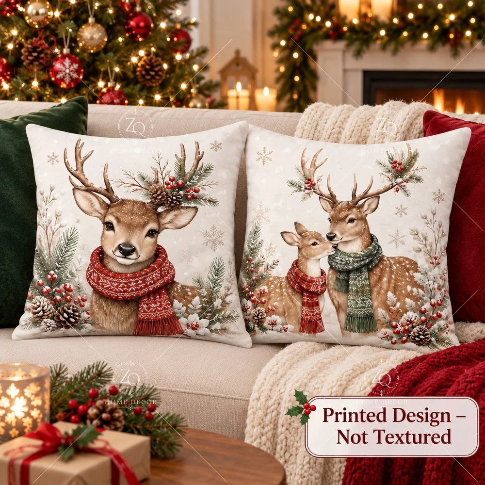 Cute Deer Family Cushion Cover 2D Flat Printed Peach Skin Animal Pillowcase Christmas Holiday Farmhouse Couch Bed Home Decor