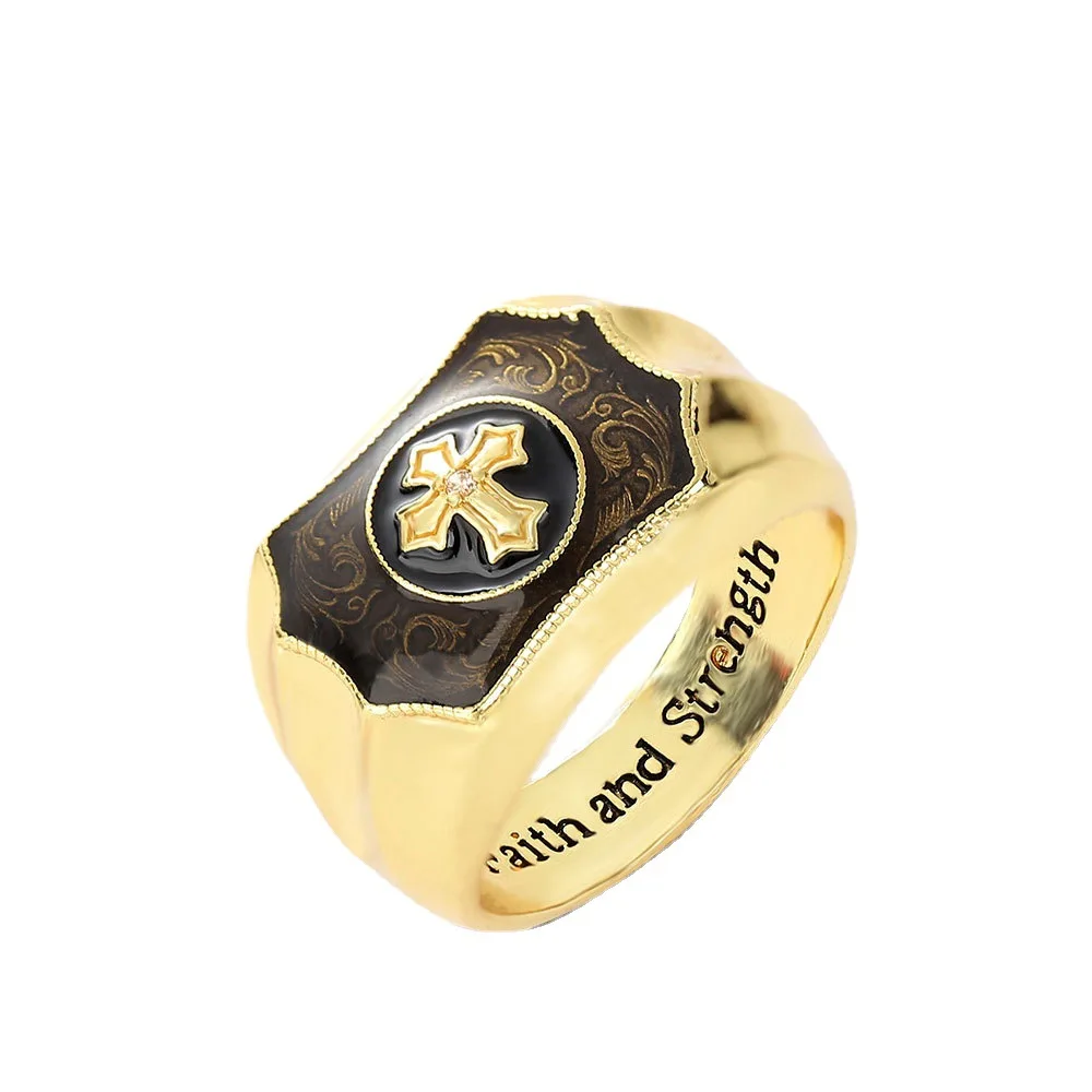 Europe and The United States New Trend Simple Retro Man-made Onyx Cross Faith and Power Ring Party Men\'s Finger Ring Accessories