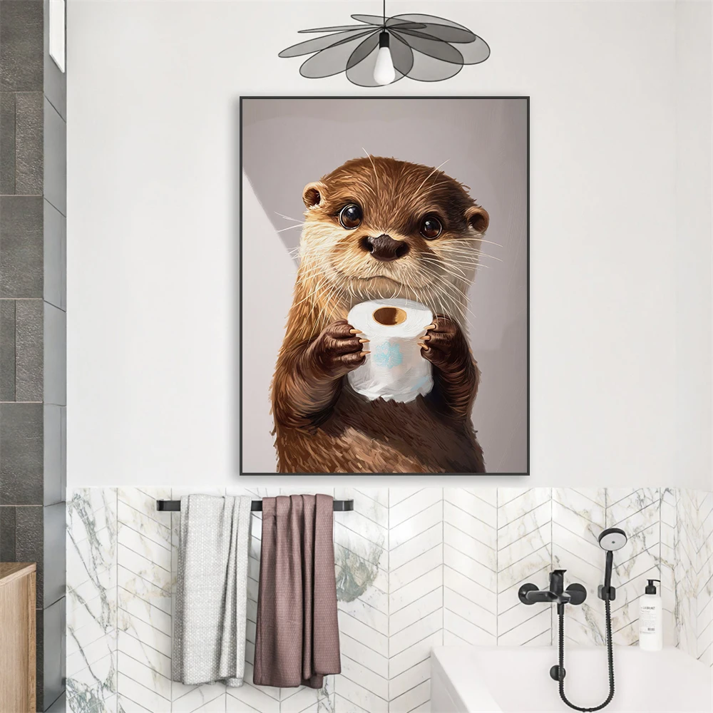 Bathroom Cute Animal Wall Art Poster Cute Otter Holding Toilet Paper Roll Oil Painting Prints Funny Canvas Painting Toilet Decor