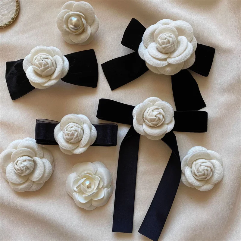 النساء الكورية تصفيف الشعر المشابك الشريط القوس دبابيس الشعر أنيقة الأسود المخملية كاميليا مشبك شعر حجر الراين Bowknot الربيع كليب