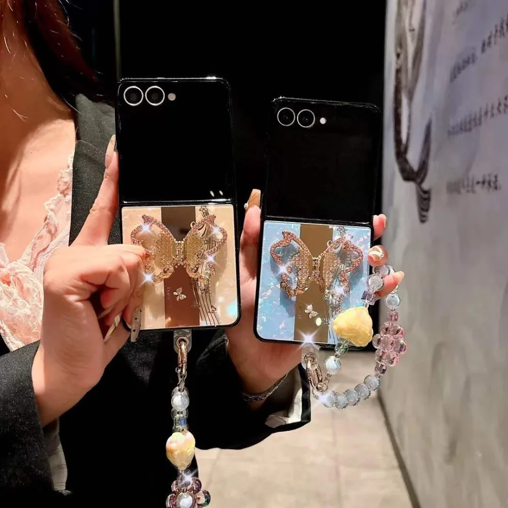 

Роскошный блестящий уникальный чехол-подставка для телефона с бабочкой для Samsung Galaxy Z Flip 7 6 5 4 3, дополнительный ремешок, тонкий чехол для защиты от падения