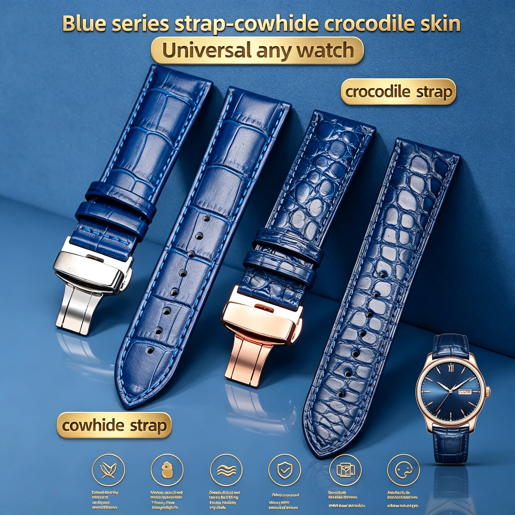 Correa de reloj de piel de vaca azul, correa de cuero de cocodrilo de 18mm, 20mm, 21mm y 22mm, pulsera de repuesto para relojes Tissot, Seiko, Huawei, Citizen